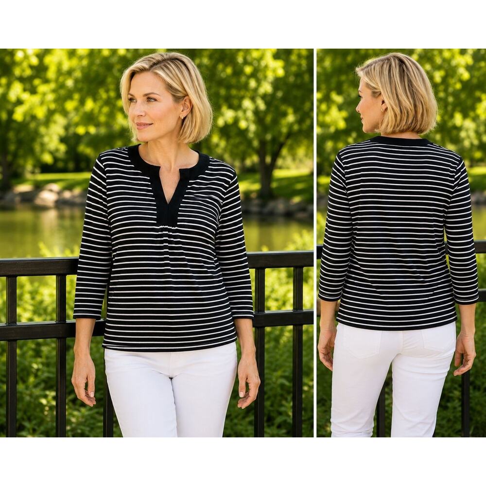 ones New York Signature Black White Striped Top Women’s Large 3/4 Sleeve Cotton